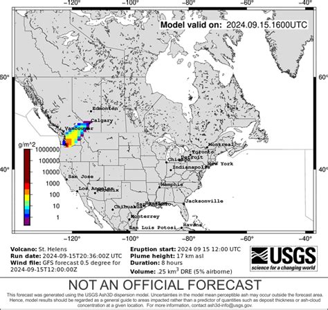 Ash cloud simulation for an eruption size of 5/18/1980 Mount St Helens ...