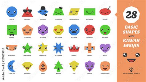 Big set vector basic shapes with kawaii emojis face. Cartoon emotion ...