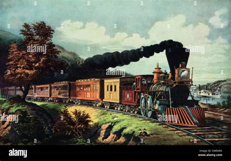 1800s 1860s CURRIER IVES AMERICAN EXPRESS TRAIN SPEWING DARK SMOKE ...