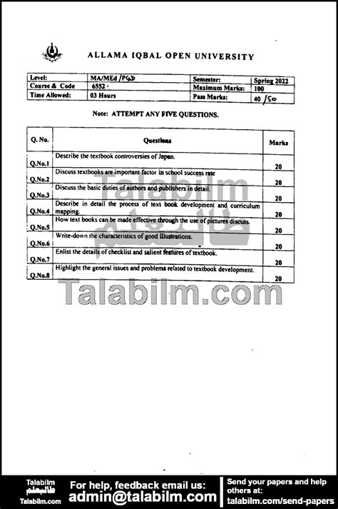 Textbook Development-I Code No. 6552 Spring 2022 Past Papers | AIOU ...