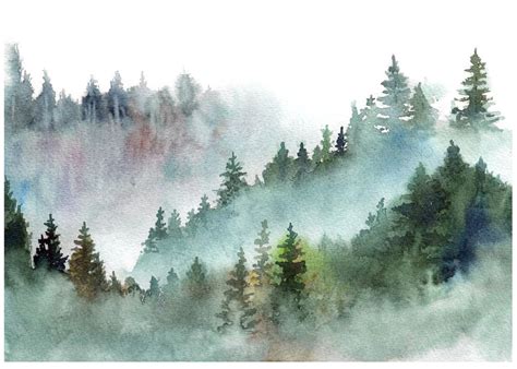 Watercolor Pine Forest Mountains in the Fog Art Print by TaraNealArts ...