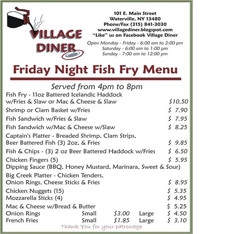 Mary Ann: Friday Night Fish Fry Menu