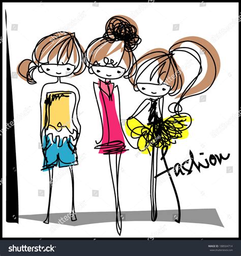 Three Girls Fashion Show Cartoon Look Stock Vector 188504714 - Shutterstock