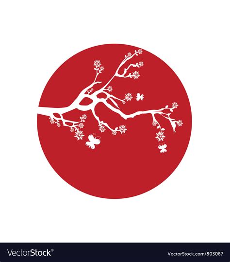 a branch with flowers in front of a red circle