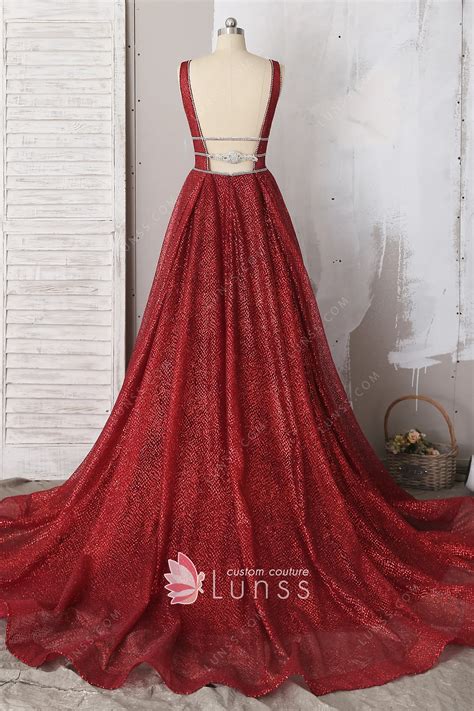 Sparkly Metallic Red Glitter Plunging V-neck Formal Dress - Lunss