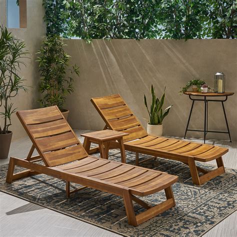 Allaire Outdoor Acacia Wood Chaise 3-Piece Lounge Set, Teak, Brown ...