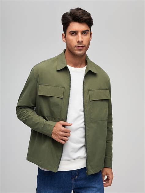 SHEIN Men Drop Shoulder Flap Pocket Coat | Green shirt outfits, White ...