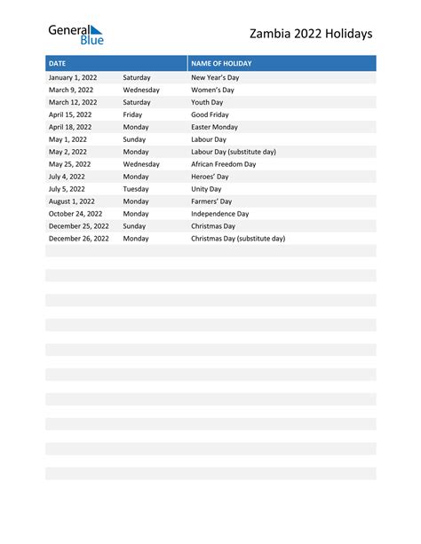 Zambia Holidays 2022 in PDF, Word and Excel