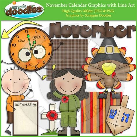 November Calendar Clip Art with Line Art Download