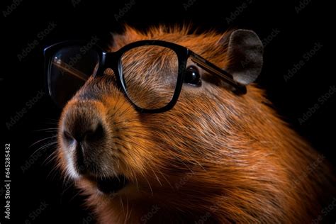 Clever funny capybara wearing eyeglasses on black background. cute ...