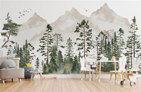 Forest wall mural removable wallpaper Pine tree Woodland | Etsy