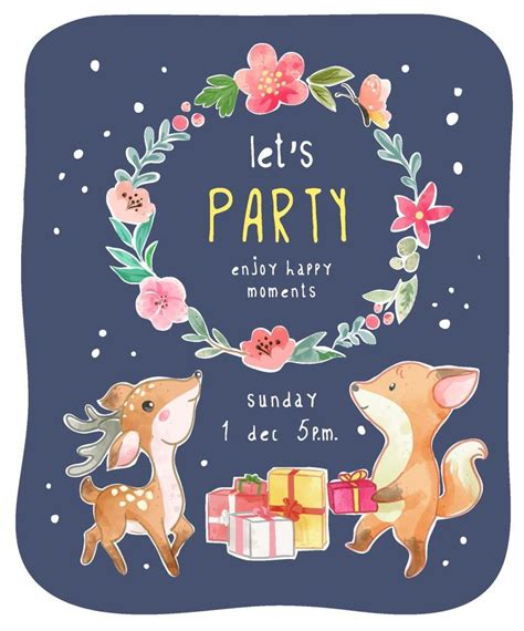 Cute Animal Party Card with Floral Wreath Illustration 2445883 Vector ...