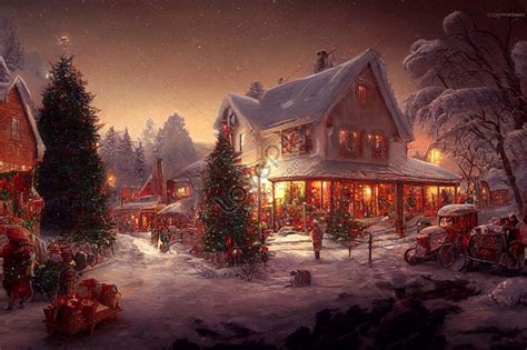 Christmas Winter Scenery Of A Small Village Decorated For Christmas ...