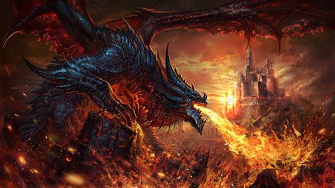 Fantasy Dragon Is Breathing Fire On Castle HD Dreamy Wallpapers | HD ...