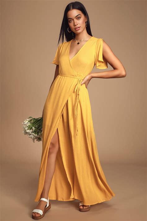 Much Obliged Golden Yellow Wrap Maxi Dress | Yellow bridesmaid dresses ...