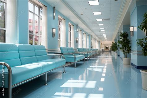 Long, brightly lit hospital hallway with blue seating Generative AI ...