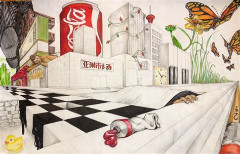 2-Point Surrealist Landscape Colored Pencil & Graphite Middle School ...