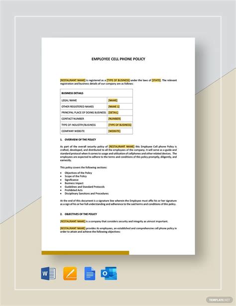 Employee Cellphone Policy Template in Google Docs, Word, Pages, Outlook ...