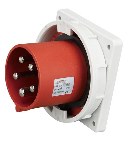 Panel Mount Three Phase Plug , Red Inlet IEC 60309 2 63 Amp 5 Pin 3 ...