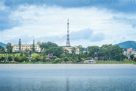 Aerial view of a Da Lat City with development buildings, transportation ...