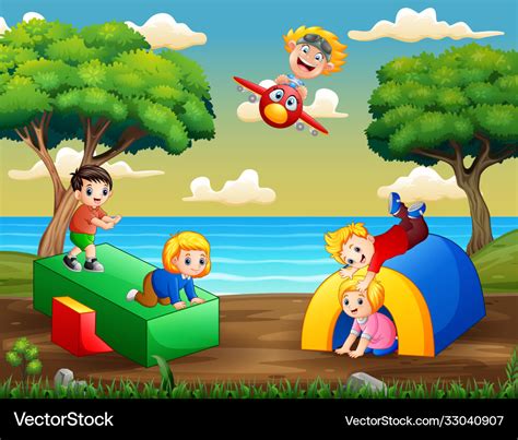 Cartoon children having fun at playground Vector Image