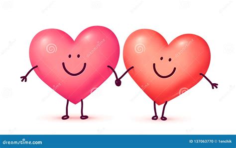 Couple of Happy Hearts Smiling and Holding Hands, Vector Valentines Day ...