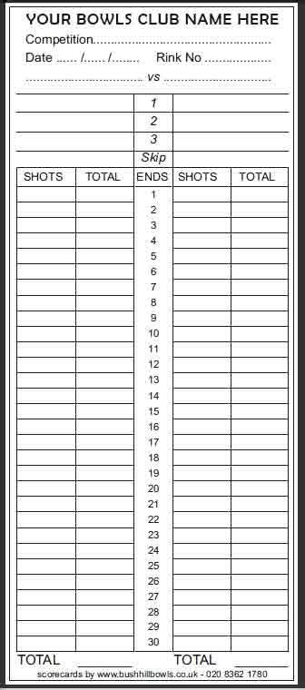 Bowls Club Scorecard - Bush Hill Bowls Shop