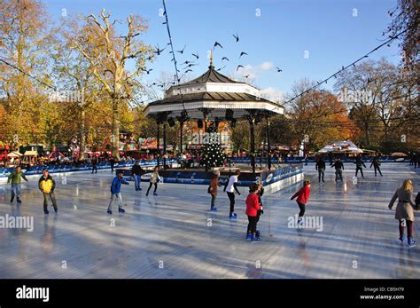 Victorian bandstand and ice skating rink at 'Winter Wonderland' Hyde ...