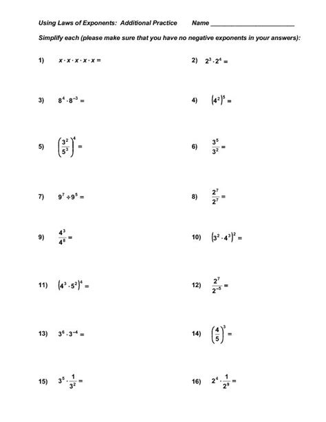 Exponents Worksheets Grade 8