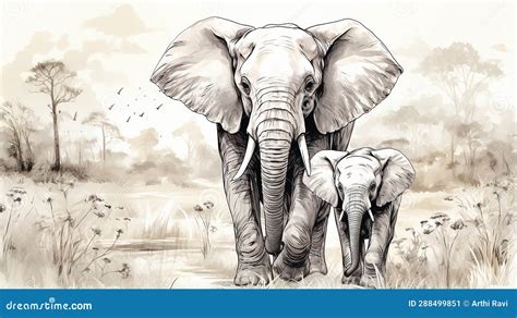 Vector Drawing of Baby Elephant and Mother Stock Illustration ...