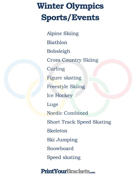 Printable List of Winter Olympics Sports and Events