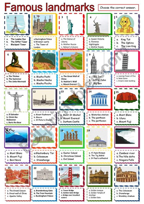 Famous Landmarks Information Quiz English ESL Worksheets