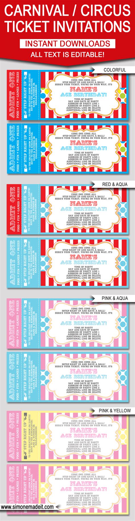 Editable Carnival Ticket Invitations | Circus or Carnival Party