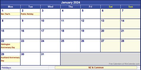 January 2024 New Zealand Calendar with Holidays for printing (image format)