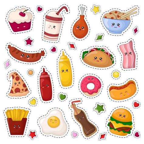 Set Of Kawaii Sticker Or Patch With Cartoon Fast Food | Kawaii stickers ...