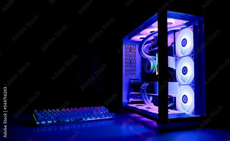 Water Cooled Gaming Pc with RGB rainbow LED lighting. Modern gaming ...