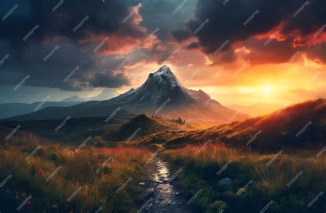 Premium AI Image | a sunset mountain scene with rain clouds in the ...