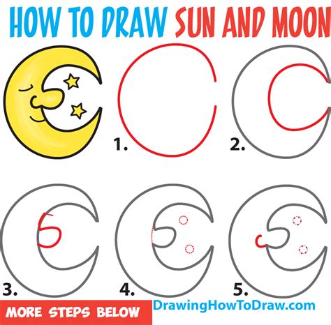 How to Draw a Cartoon Moon and Stars Easy Step by Step Drawing Tutorial ...