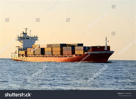 Cargo Container Ship Sailing At The Sunset Stock Photo 109409696 ...