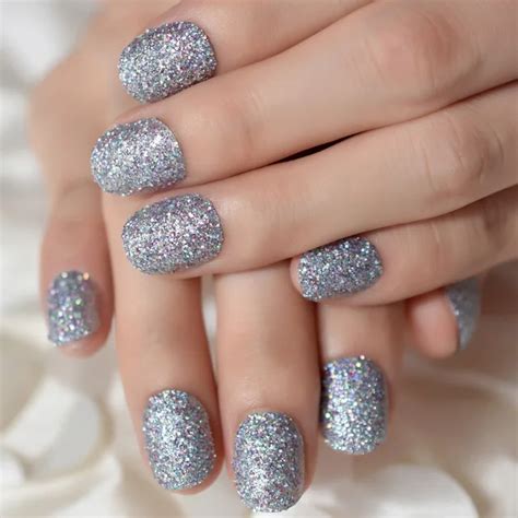 Silver Glitter Press on Nail Short Round Design Artificial False Nails ...