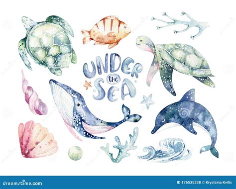 Watercolor Sea Animals Background. Seamless Underwater Watercolor ...