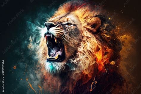 Art illustration of roaring lion head on artistic background ...