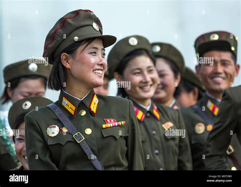 North Korean soldiers women smiling, Pyongan Province, Pyongyang, North ...