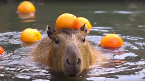 Premium Photo | A capybara swims with oranges on its head.