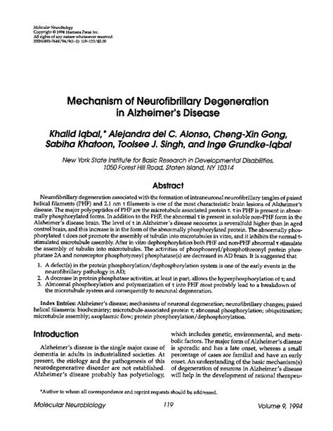 (PDF) Mechanism of neurofibrillary degeneration in Alzheimer's disease ...