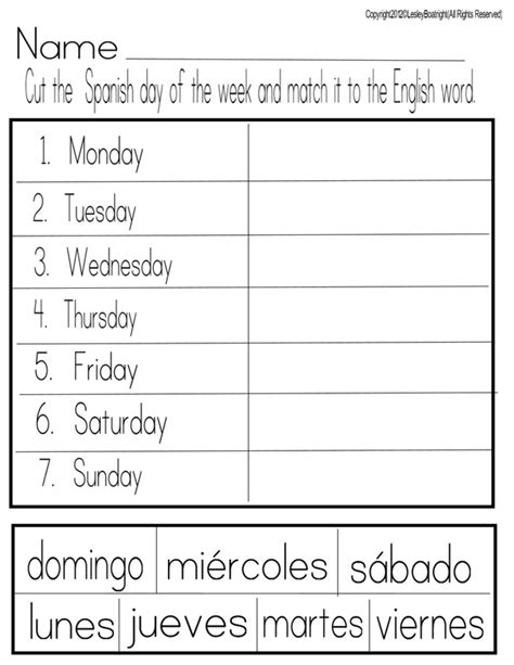 Spanish Worksheet for Days of the Week - Welcome Parents!