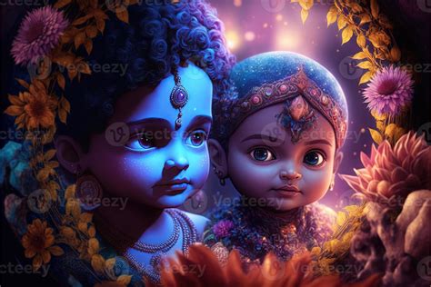 little Krishna and Radha cute image 3D type illustration but Generative ...