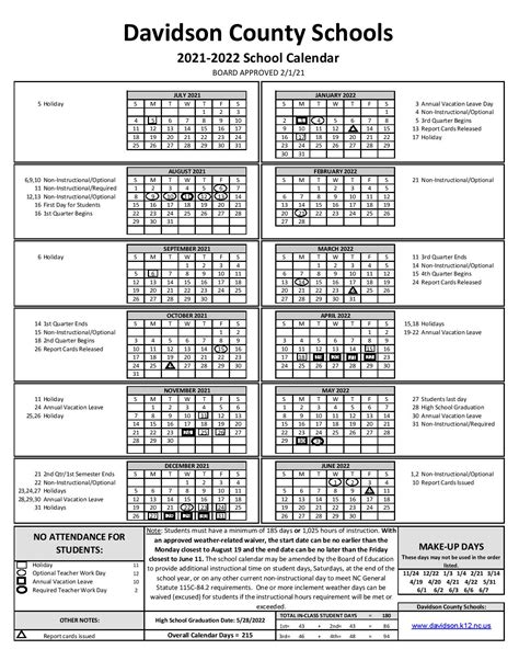 Davidson County Schools Calendar 2021-2022 - Holiday Calendar