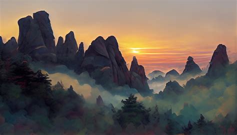 Premium Photo | Sunrise at the huangshan mountains