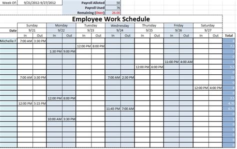 Employee Work Schedule ~ Template Sample